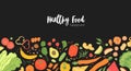 Horizontal banner template with scattered fresh wholesome food on black background. Backdrop with tasty eco healthy