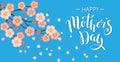 Horizontal banner with text message Happy Mother's day and cherry flowers branch