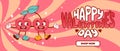 Horizontal banner for Valentines Day. A couple of cherries in love dance and smile. Funny cute characters with faces