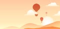 Horizontal banner with vintage hot air balloon in the sky, sunrise and hills and place for text. Card with silhouette of aerostat Royalty Free Stock Photo