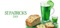 watercolor illustration, green beer and irish soda bread, St. Patricks day treats, on a white background