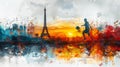Horizontal banner, watercolor illustration, Summer Olympic Games, football player with a ball against the background of the Eiffel Royalty Free Stock Photo