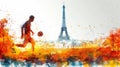 Horizontal banner, watercolor illustration, Summer Olympic Games, football player with a ball against the background of the Eiffel Royalty Free Stock Photo