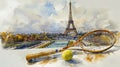 horizontal banner, watercolor illustration, Summer Olympic Games, a tennis racket and a tennis ball against the background of the Royalty Free Stock Photo