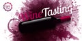 Horizontal banner with wine stains background. Wine tasting text example. Wine bottle illustration. Vector spots and drops