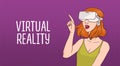 Horizontal banner with young redhead woman wearing virtual reality glasses against purple dotted background. Female