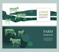 Horizontal banners. Agricultural backgrounds. Cows made up of circles. Silhouettes of cows.