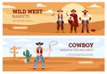 Backgrounds set on topic of wild west and cowboy life, flat vector illustration.