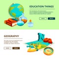 Horizontal banners with cartoon pictures of science and geography symbols