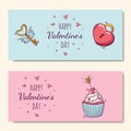 Horizontal banners with cupcake and heart shaped lock and flying key in doodle style for Valentine s Day