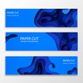 Horizontal banners with 3D abstract blue background with paper cut shapes. Vector design layout for business Royalty Free Stock Photo