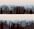 Horizontal banners of downtown roofs with antennas and chimney.