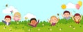 Horizontal banners with happy kids standing behind the bushes in paper cut style. Happy Children`s day background with