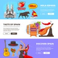 Horizontal banners with illustrations of cultural objects of spain
