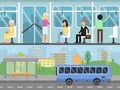 Horizontal banners with illustrations of urban landscape with transport stations. Bus interior with passengers Royalty Free Stock Photo