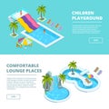 Horizontal banners with isometric pictures of water park and kids playgrounds