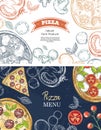 Horizontal banners with pizza and pizza ingredients. Basil, champignons, tomatoes, mozzarella, onions, paprika.