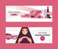 Horizontal banners with saudi woman driving in pink colors. Vector set teddy bear, car, lovely woman in black hijab