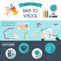 Horizontal banners with school and education icons. Back to school. Flat design. Royalty Free Stock Photo