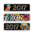 Horizontal Banners Set with 2017 Chinese New Year Rooster. Vector illustration. Royalty Free Stock Photo