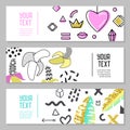 Horizontal Banners Set with Gold Glitter Geometric Elements, Hearts and Tropical Leaves. Poster Invitation Voucher Royalty Free Stock Photo