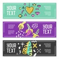 Horizontal Banners Set with Gold Glitter Geometric Elements, Hearts and Tropical Leaves. Poster Invitation Voucher Royalty Free Stock Photo