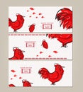 Horizontal Banners Set with Hand Drawn Chinese New Year Rooster Royalty Free Stock Photo