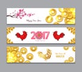 Horizontal Banners Set with Hand Drawn Chinese New Year Rooster Royalty Free Stock Photo