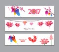 Horizontal Banners Set with Hand Drawn Chinese New Year Rooster Royalty Free Stock Photo