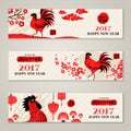 Horizontal Banners Set with Hand Drawn Roosters Royalty Free Stock Photo