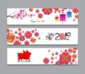 Horizontal Banners Set with Hand Drawn. Year of the pig Royalty Free Stock Photo