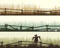 Horizontal banners silhouettes of corn field and grass in front of it with a wooden fence.