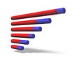 A horizontal bar chart. Abstract concept representing gradual increase or expansion. A change in the ratio of blue and red. 3D