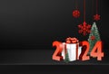 Horizontal black 3d banner with red 3d 2024 lettering and gift box. Red snowflakes and green Christmas trees