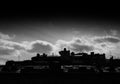 Horizontal black and white city skyline background