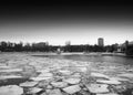 Horizontal black and white melted ice on Moscow river background Royalty Free Stock Photo