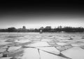 Horizontal black and white melted ice on Moscow river background Royalty Free Stock Photo