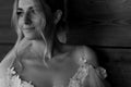 Horizontal black and white portrait of a European bride. Close-up