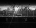 Horizontal black and white railroad city bench background