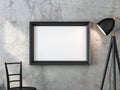 Horizontal black wooden poster frame Mockup with modern floor lamp