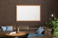 Horizontal blank poster mock up on brown wall in interior of contemporary living room Royalty Free Stock Photo