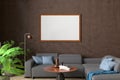 Horizontal blank poster mock up on brown wall in interior of contemporary living room Royalty Free Stock Photo