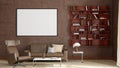 Horizontal blank poster mockup on brown concrete wall in interior of living room Royalty Free Stock Photo