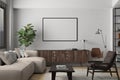 Horizontal blank poster mockup on white wall in interior of living room
