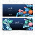 Horizontal blue card with corals and coelenterates Royalty Free Stock Photo