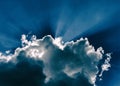 Horizontal blue dramatic cloudscape with rays of light Royalty Free Stock Photo