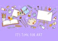 Horizontal border with art supplies on purple background - easel, paints, watercolor, palette, sketchbooks, brushes, drawing Royalty Free Stock Photo