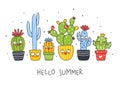 Horizontal border with cute ÃÂactus plants isolated on white - cartoon objects for happy summer design