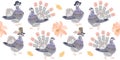 Horizontal border with cute cartoon pigeons in hats and with bouquets of flowers in the tail. Seamless print for fabric. Royalty Free Stock Photo