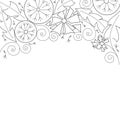 Horizontal border, floral arch of dandelions. Black and white contour line art, vector stylization